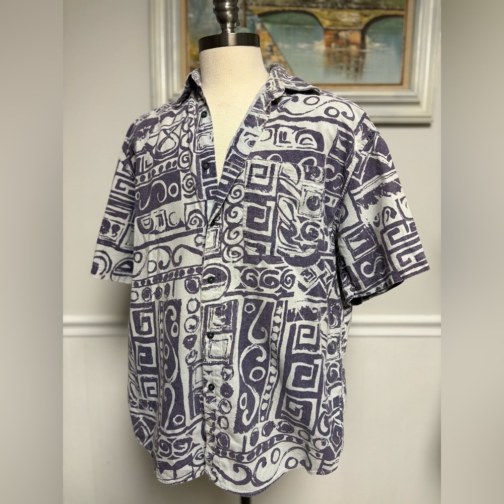 Raw Silk UOMO Men’s SzL Short Sleeve 100% Silk Geometric Collared Button Down